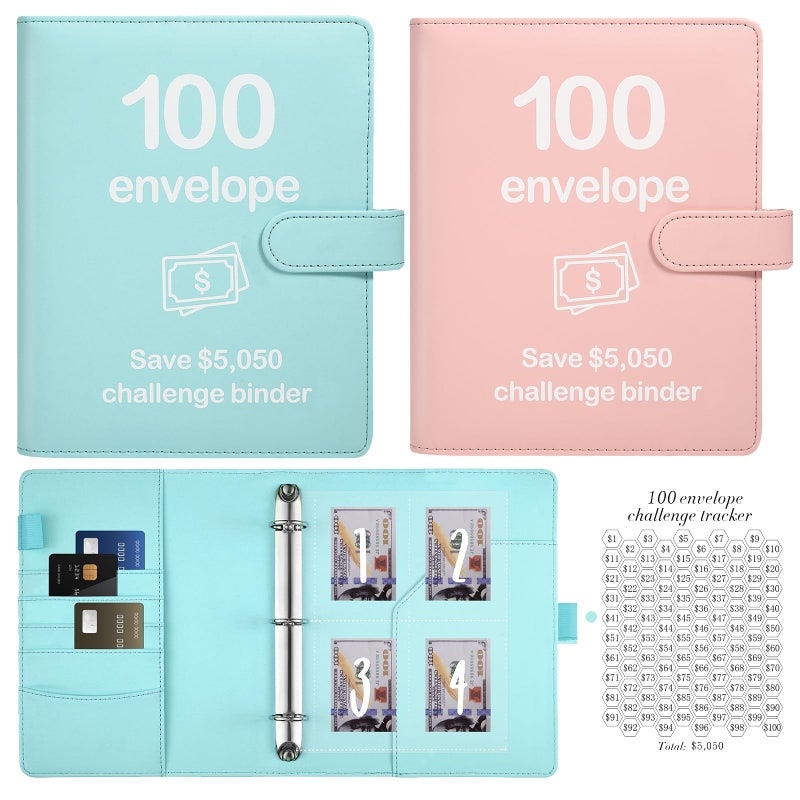 Pemocyny 100 Envelopes Money Saving Challenge Binder with Reusable Laminated Tracker, Budget Book with Cash Envelopes, Easy and Fun Way to Save $5,050 (Pink and Blue) - Image 1