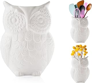 Comfify Owl Utensil Holder Decorative Ceramic Cookware Crock & Organizer, in Lovely White Color - Utensil Shaped Caddy - Image 1