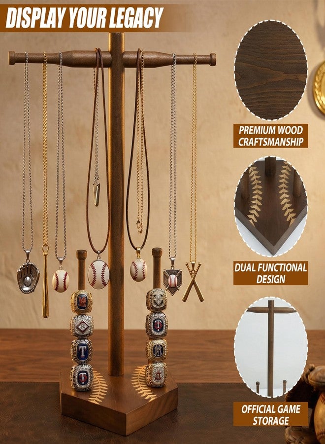 Manoai Premium Wooden Baseball Ring and Necklace Holder - Championship Ring Display Stand for Softball & Boys, Large Capacity Baseball Drip Necklace Organizer, Unique Gift for Players,Coaches,Fans - Image 2