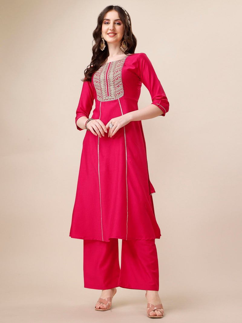 EthnicJunction Women's Cotton Silk Embroidered Kurta Palazzo and Dupatta Set Pink - Image 5