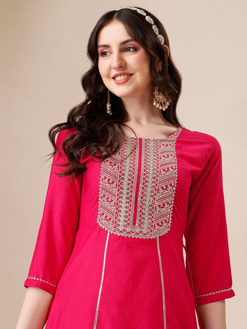 EthnicJunction Women's Cotton Silk Embroidered Kurta Palazzo and Dupatta Set Pink - Image 4