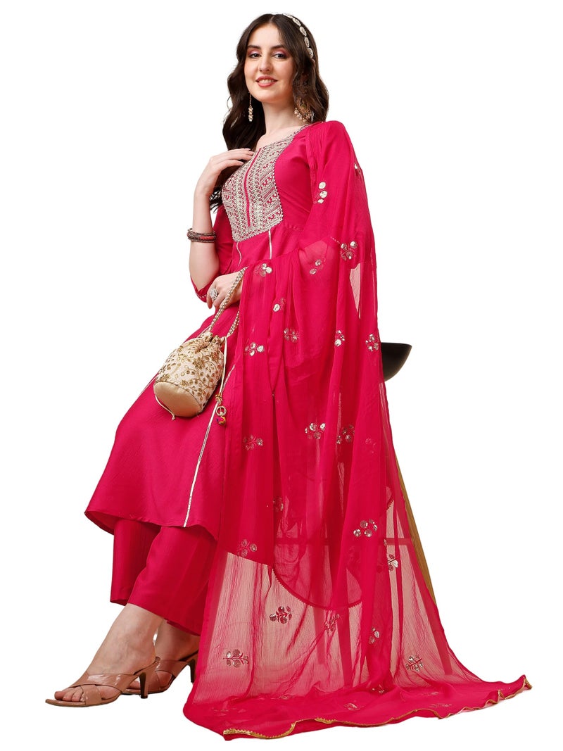 EthnicJunction Women's Cotton Silk Embroidered Kurta Palazzo and Dupatta Set Pink - Image 1