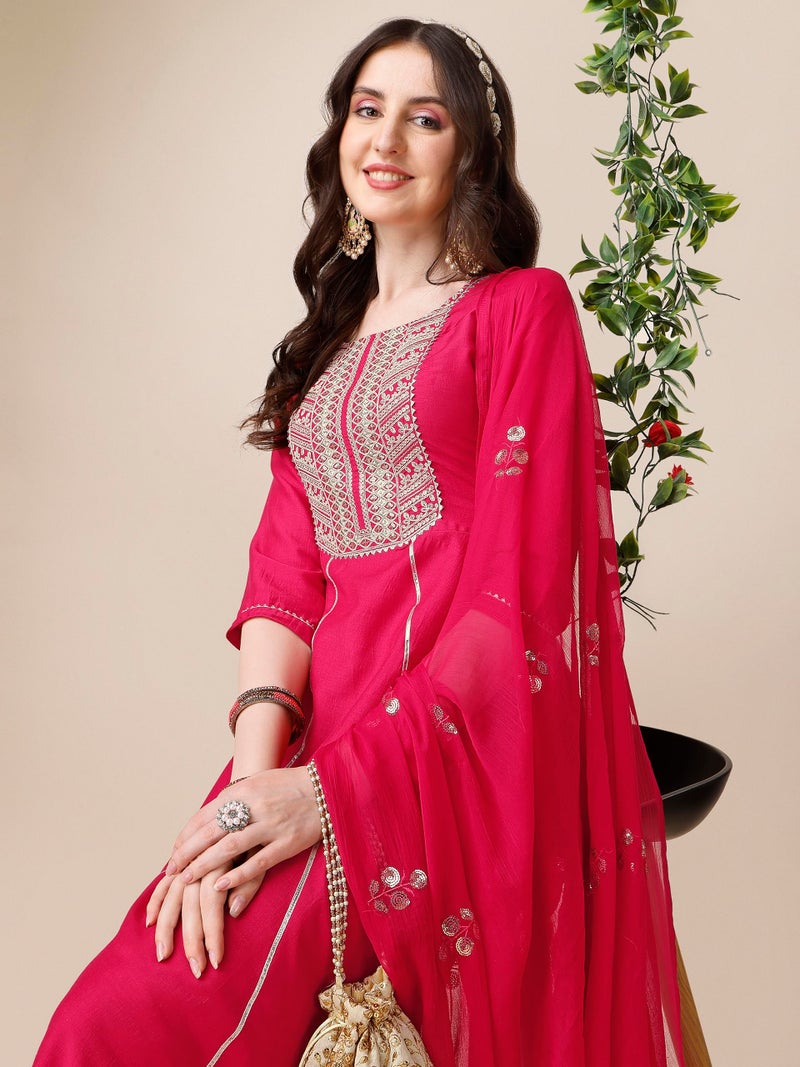 EthnicJunction Women's Cotton Silk Embroidered Kurta Palazzo and Dupatta Set Pink - Image 2