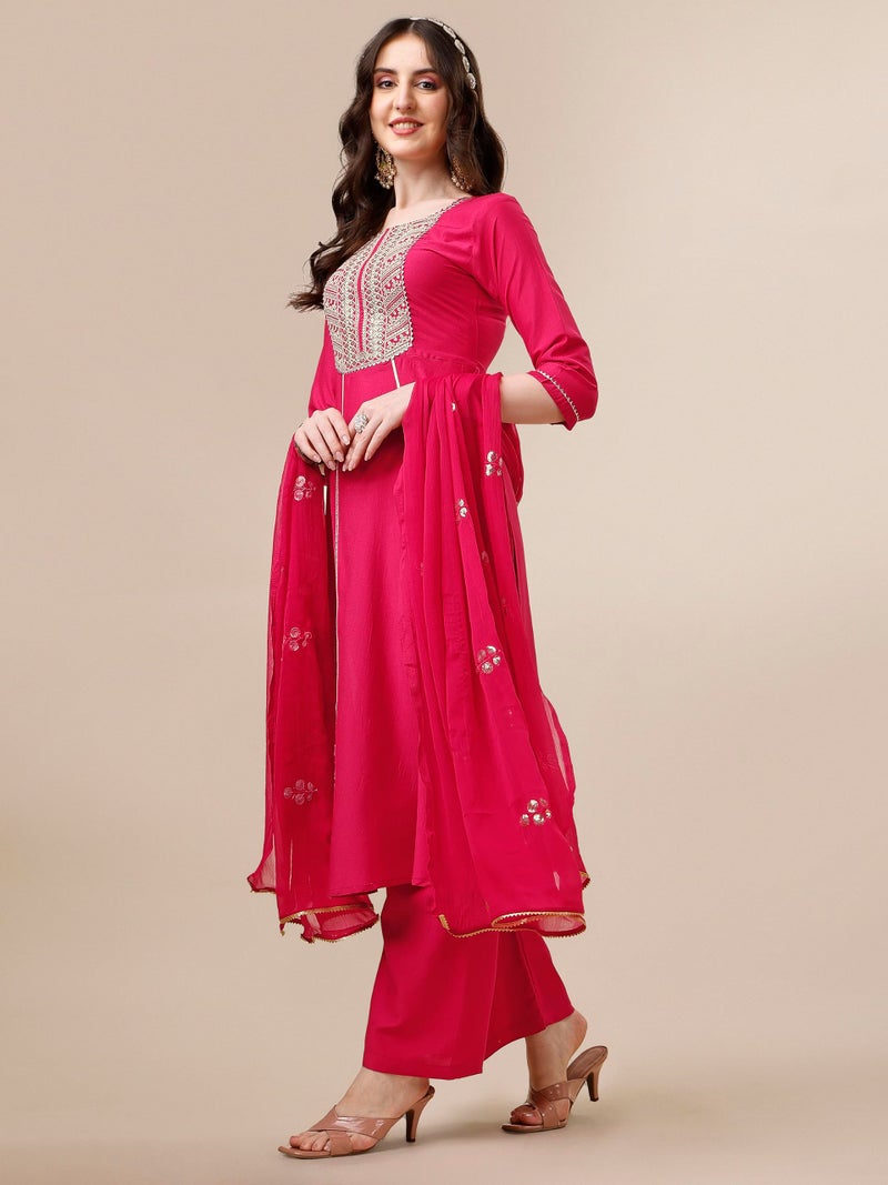 EthnicJunction Women's Cotton Silk Embroidered Kurta Palazzo and Dupatta Set Pink - Image 3