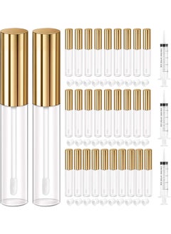 KPX 30 Pcs lip Gloss Tube Containers Bulk Wand 10ml Empty Clear Pink Lip Oil Tubes Refillable Lip Balm Bottles with Rubber Insert for DIY Makeup Such as Lip Samples, Homemade Lip Balm (Golden)