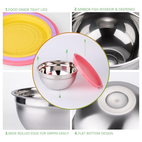 Leidawn Mixing Bowls with Lids for Kitchen - 26 PCS Stainless Steel Nesting Colorful Mixing Bowls Set for Baking,Mixing,Serving & Prepping,Size 5, 3.7, 2.8, 2.3, 1.7, 1.1, 0.7QT,11 Cooking Utensils - Image 2