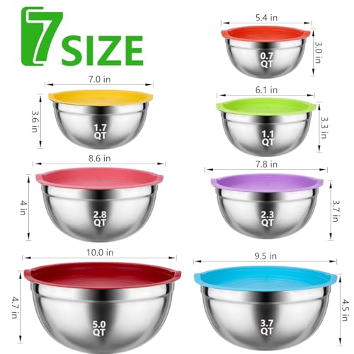 Leidawn Mixing Bowls with Lids for Kitchen - 26 PCS Stainless Steel Nesting Colorful Mixing Bowls Set for Baking,Mixing,Serving & Prepping,Size 5, 3.7, 2.8, 2.3, 1.7, 1.1, 0.7QT,11 Cooking Utensils - Image 4
