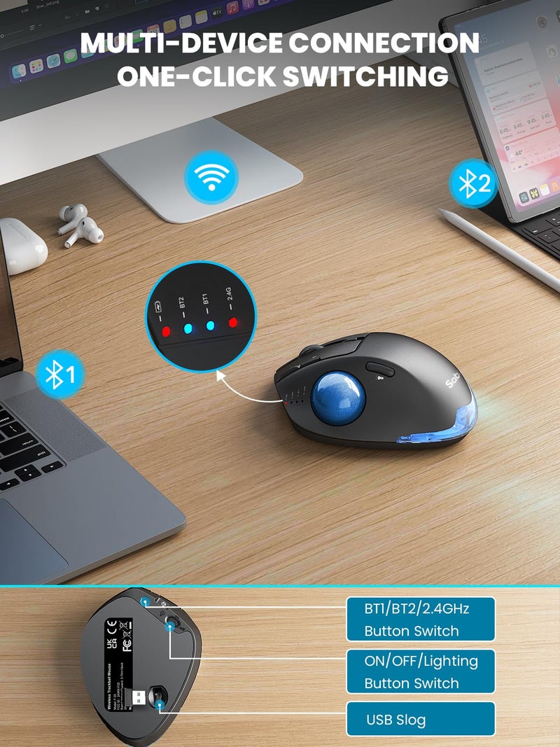 SABLUTE Wireless Trackball Mouse, Ergonomic Bluetooth Rechargeable Computer Mouse, Backlit Rollerball Thumb Laptop mice with 5 Level DPI, Adjustable Angle, 3 Devices Connection for PC, Windows - Blue Ball - Image 4