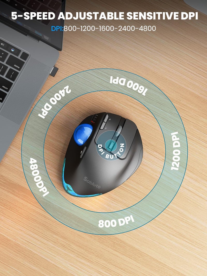 SABLUTE Wireless Trackball Mouse, Ergonomic Bluetooth Rechargeable Computer Mouse, Backlit Rollerball Thumb Laptop mice with 5 Level DPI, Adjustable Angle, 3 Devices Connection for PC, Windows - Blue Ball - Image 5
