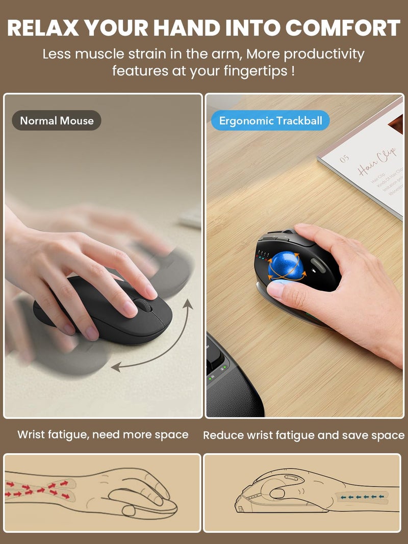 SABLUTE Wireless Trackball Mouse, Ergonomic Bluetooth Rechargeable Computer Mouse, Backlit Rollerball Thumb Laptop mice with 5 Level DPI, Adjustable Angle, 3 Devices Connection for PC, Windows - Blue Ball - Image 3