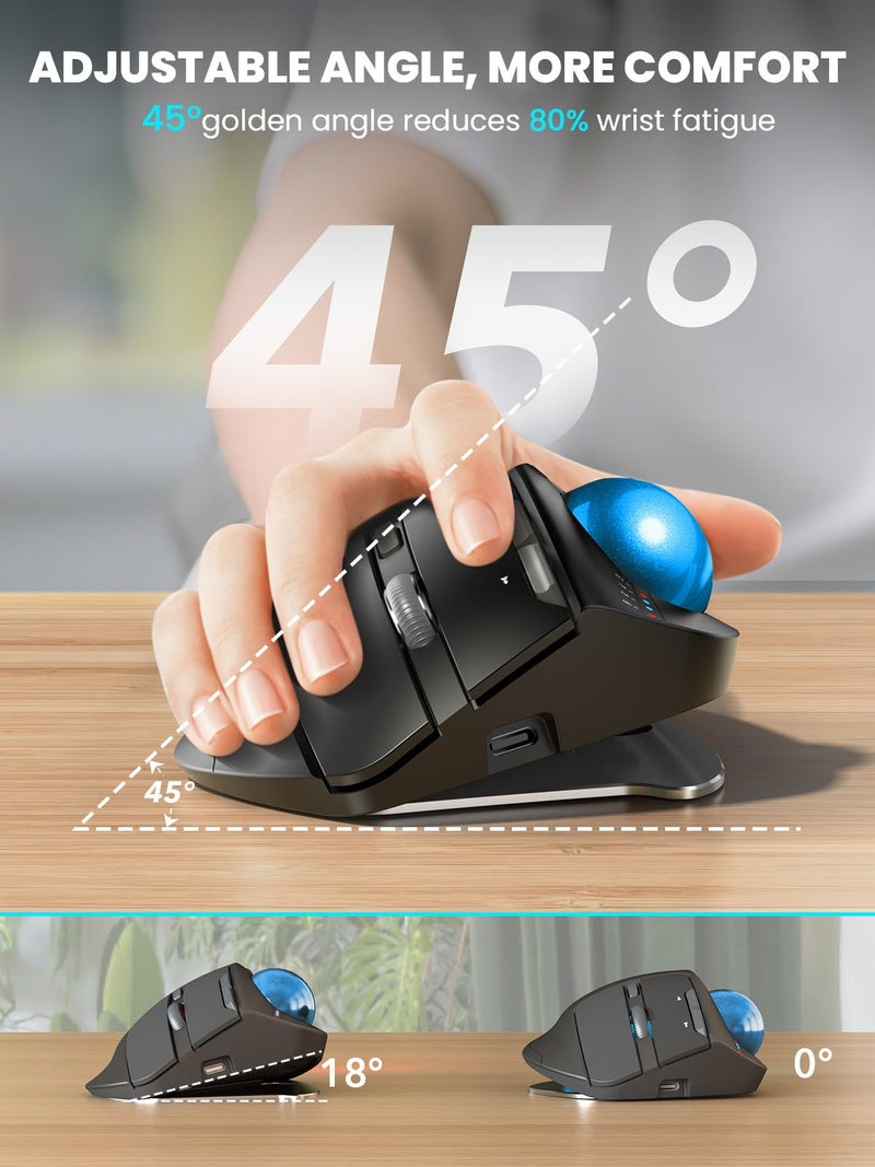 SABLUTE Wireless Trackball Mouse, Ergonomic Bluetooth Rechargeable Computer Mouse, Backlit Rollerball Thumb Laptop mice with 5 Level DPI, Adjustable Angle, 3 Devices Connection for PC, Windows - Blue Ball - Image 2
