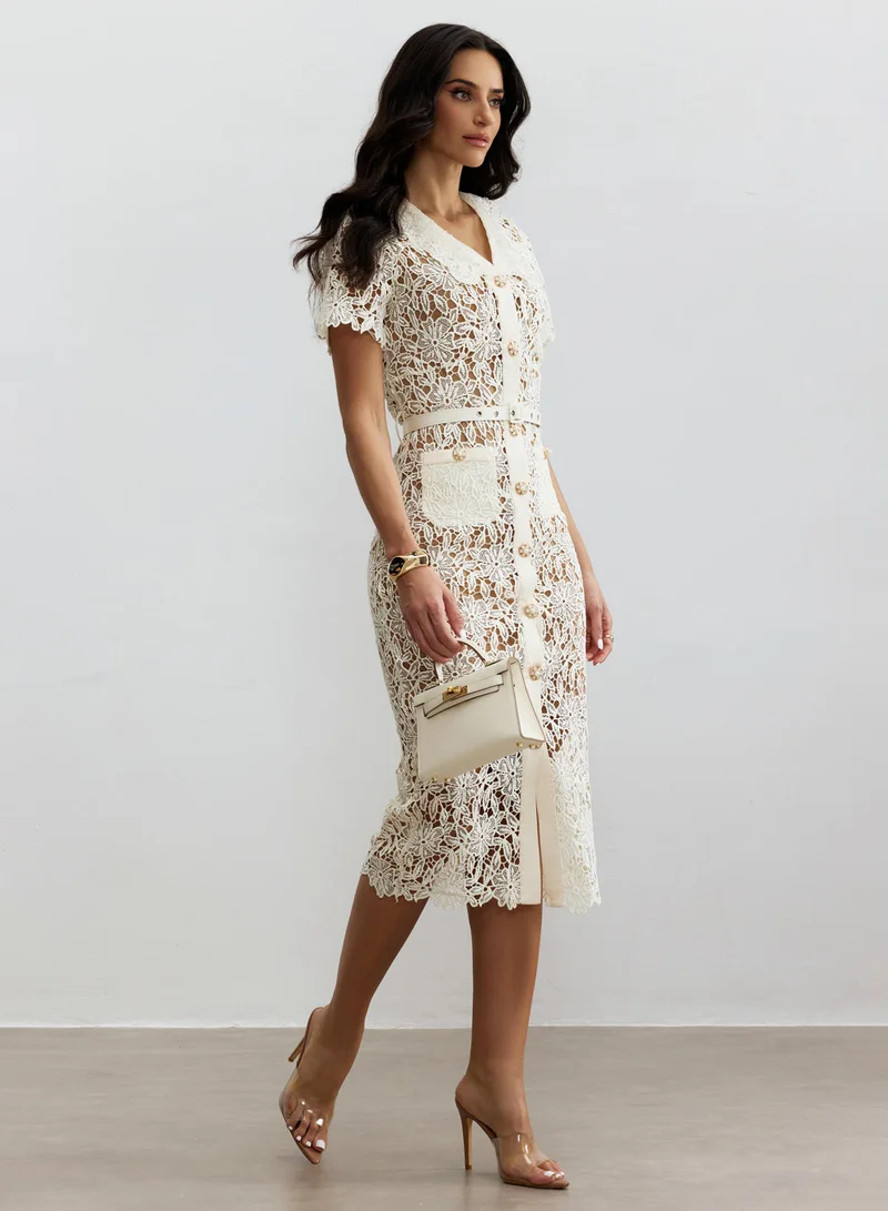 Sunfere Annette V Neck Embroidered Lace Midi Dress