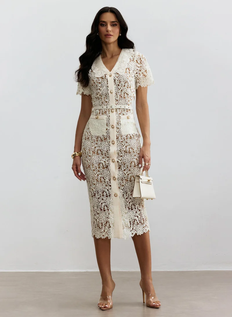 سنفير Annette V Neck Embroidered Lace Midi Dress