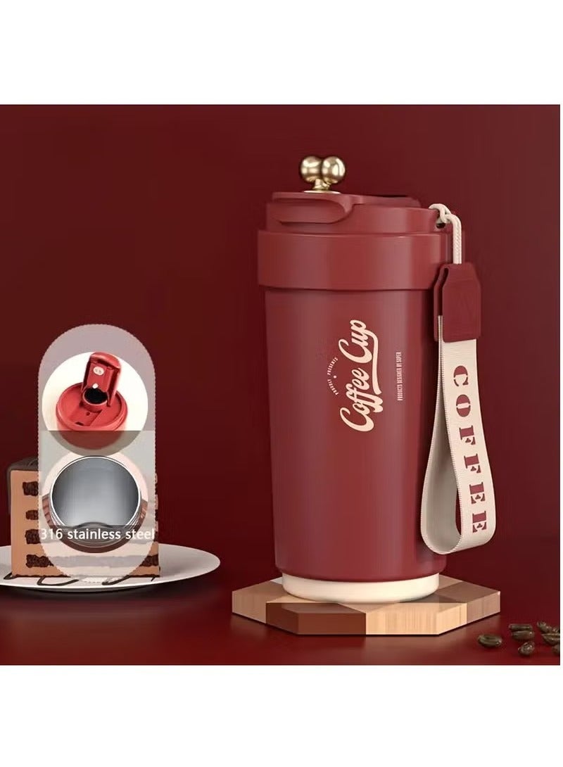 Arabest 450ml covered insulated drum durable stainless steel coffee cup with strap reusable vacuum coffee bottle display travel cup (red) - Image 1