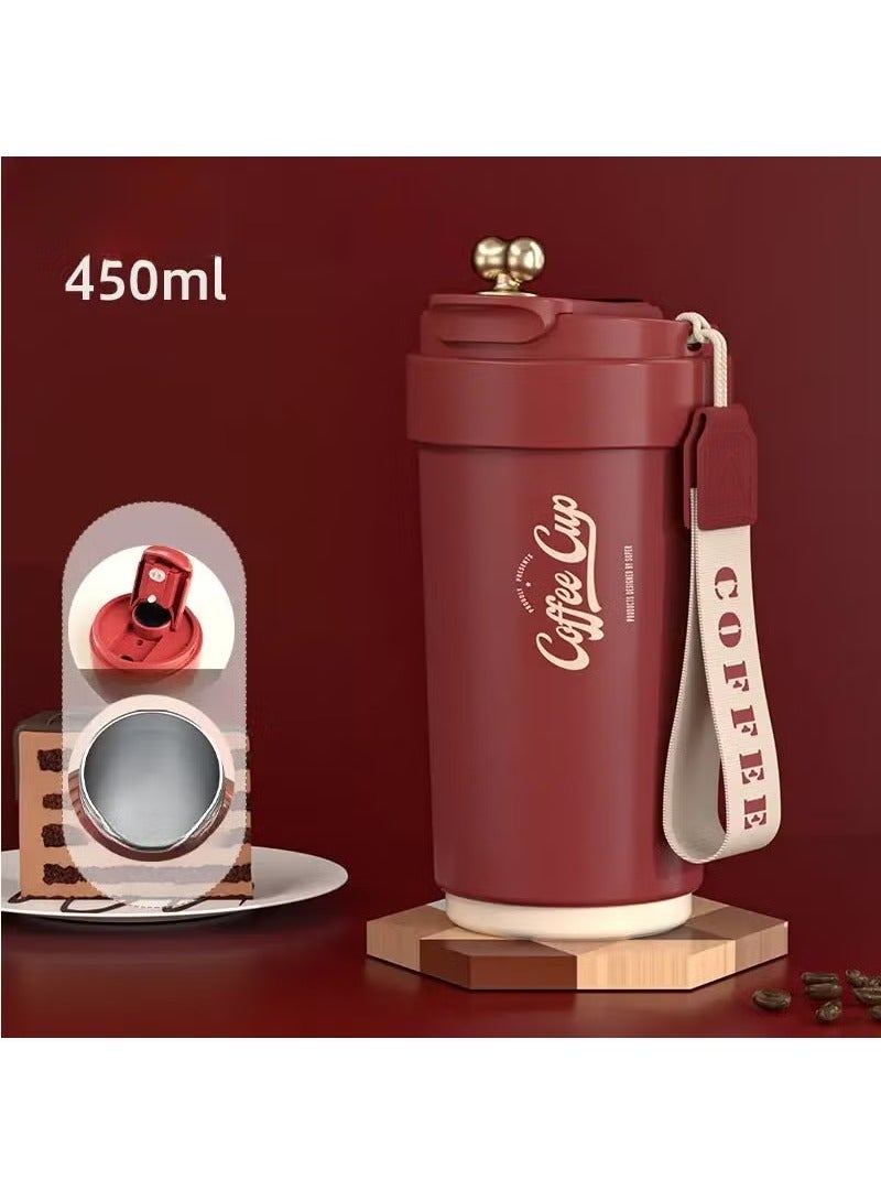 Arabest 450ml covered insulated drum durable stainless steel coffee cup with strap reusable vacuum coffee bottle display travel cup (red) - Image 4