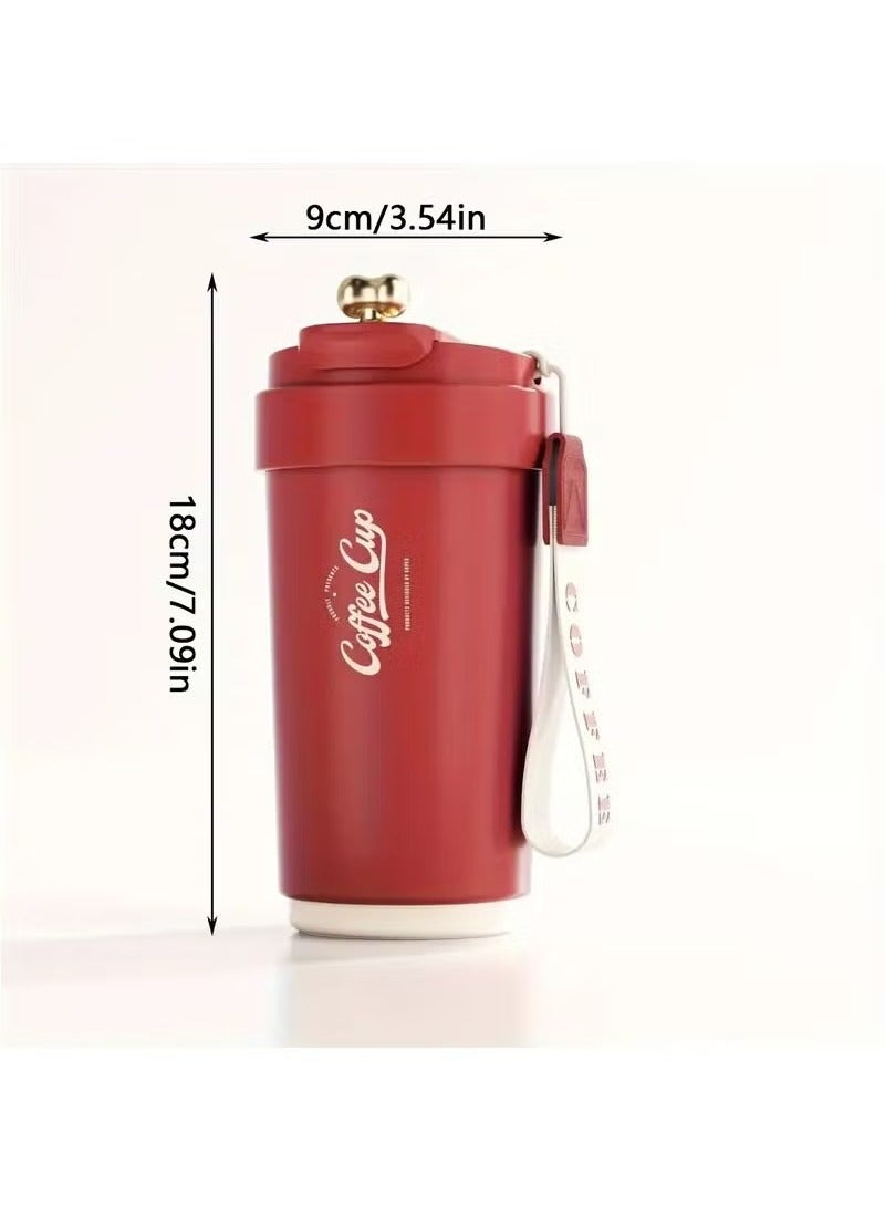 Arabest 450ml covered insulated drum durable stainless steel coffee cup with strap reusable vacuum coffee bottle display travel cup (red) - Image 3
