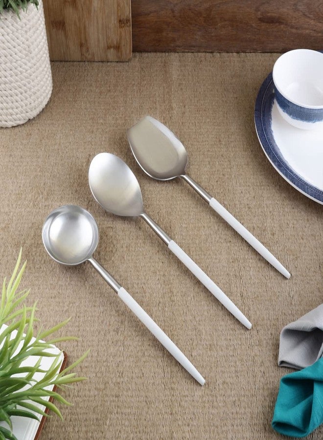 VarEesha Radiant White Handle Matt Steel Serving Spoons Set of 3 | Elegant Lead Free Stainless Steel Server Set for Dinner| Serving Spoons for Dining Table| Cutlery for Gifting - Image 1