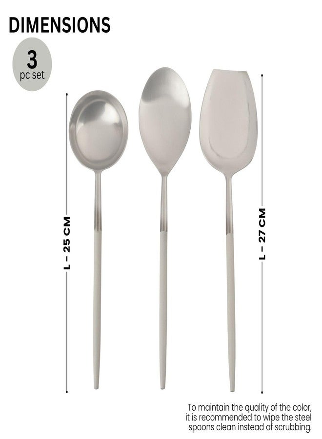 VarEesha Radiant White Handle Matt Steel Serving Spoons Set of 3 | Elegant Lead Free Stainless Steel Server Set for Dinner| Serving Spoons for Dining Table| Cutlery for Gifting - Image 3