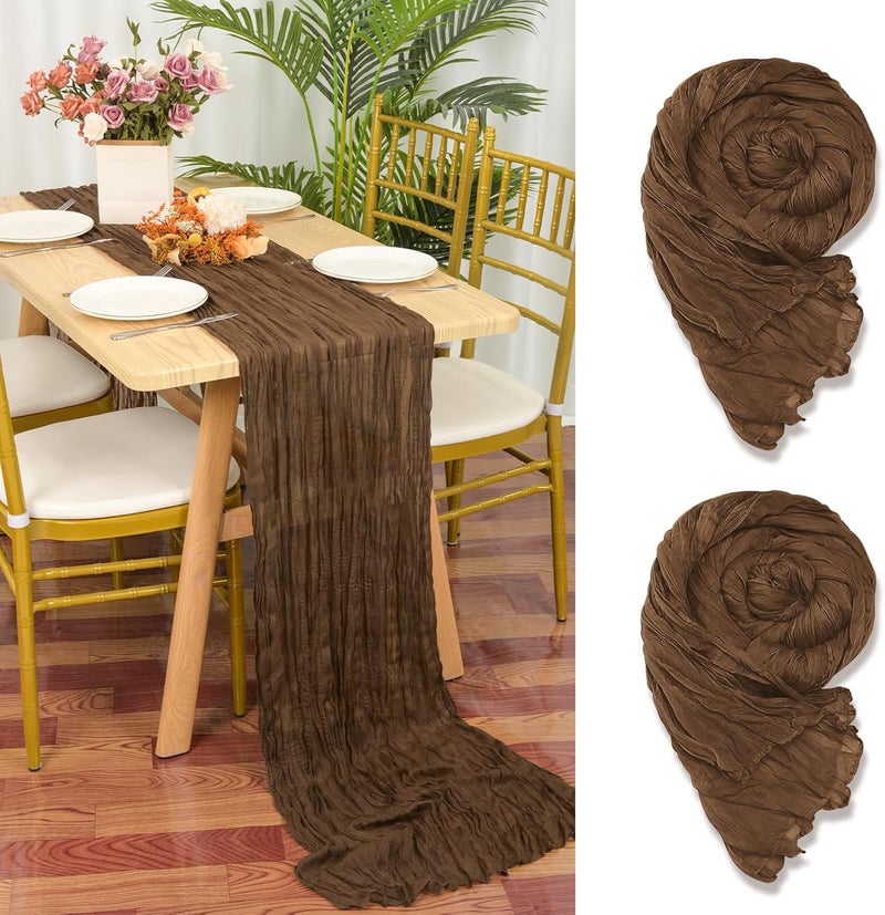 YMHPRIDE 2 Packs Cheesecloth Table Runner Brown, 90x300cm Rustic Gauze Fabric Boho Table Runner, Cheesecloth Wedding Table Decor for Wedding Party Bridal Shower Table Decorations - Image 1