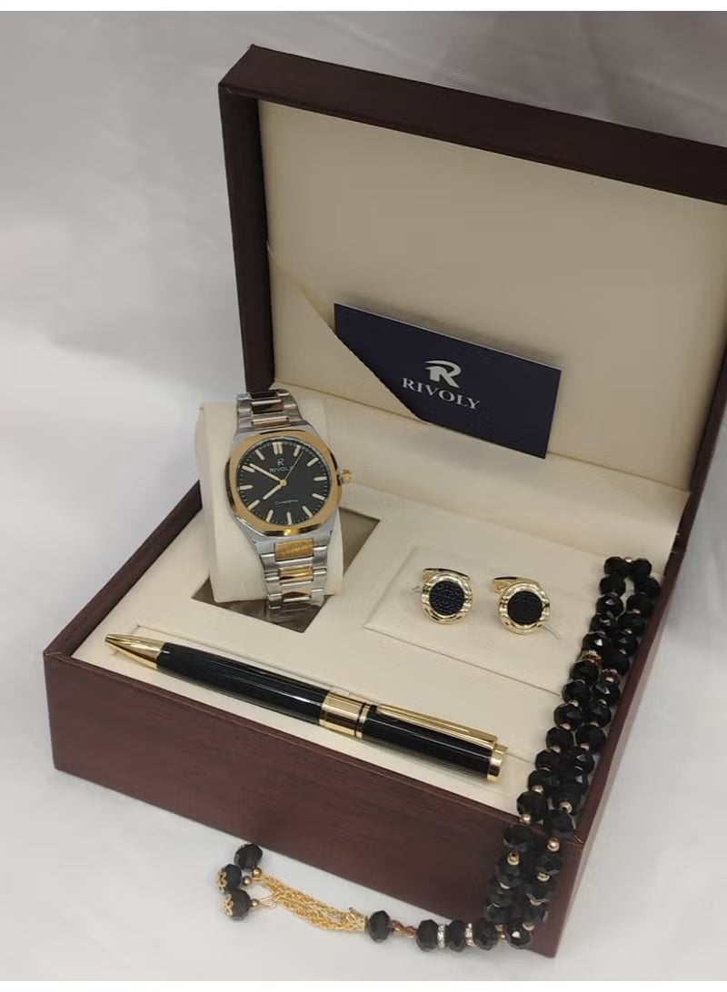 Rivoli Men's Gift Set includes a wristwatch, pen, cufflinks, and crystal rosary.