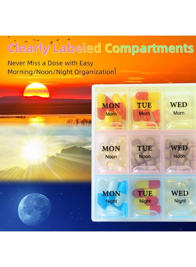 منظم حبوب الدواء لمدة 7 ايام مع 3 مرات في اليوم - 21 حجرة اسبوعية، مخطط ادوية الصباح والظهيرة والليل - صندوق حبوب دواء اسبوعي محمول للسفر والاستخدام اليومي - Image 5