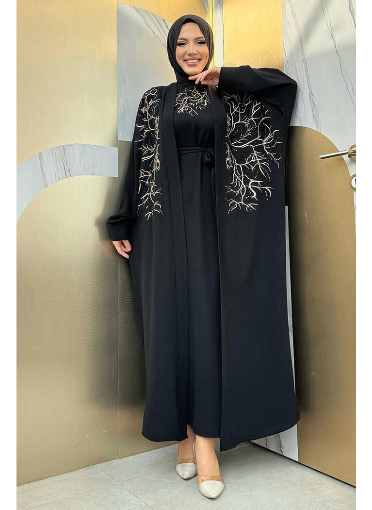Embroidered Detailed Abaya and Dress Set 8486 Black