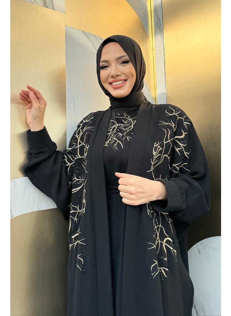 Embroidered Detailed Abaya and Dress Set 8486 Black