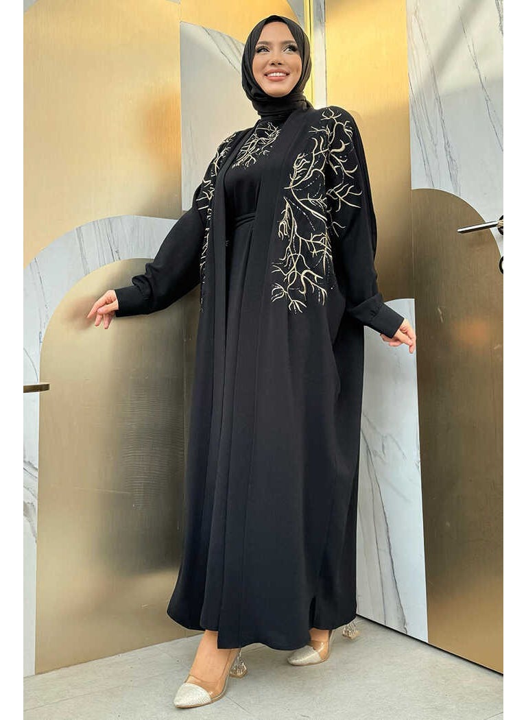 Embroidered Detailed Abaya and Dress Set 8486 Black