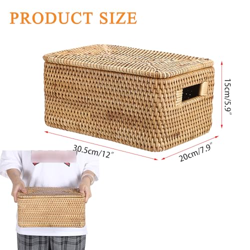 Hipiwe Rattan Basket with Lid Rectangular Lidded Basket Natural HandWoven Wicker Storage Basket Bin for Shelf Organizing Picnic Food Bread Table Storage Basket 12x79x 59 - Image 3