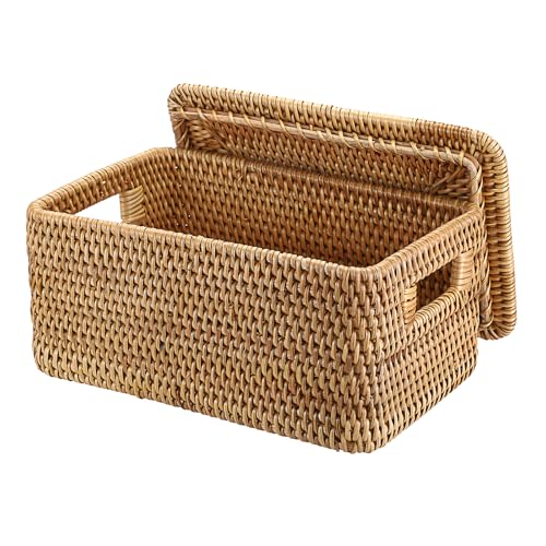 Hipiwe Rattan Basket with Lid Rectangular Lidded Basket Natural HandWoven Wicker Storage Basket Bin for Shelf Organizing Picnic Food Bread Table Storage Basket 12x79x 59 - Image 1