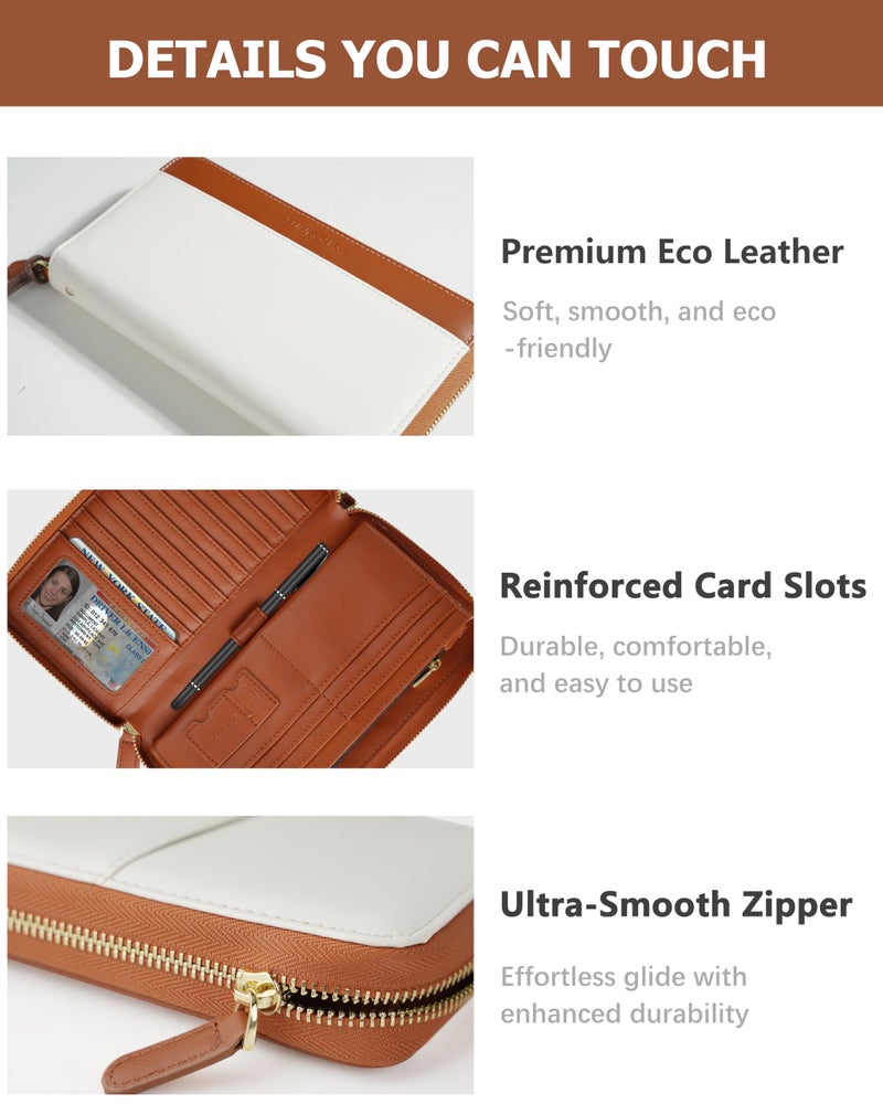 Sunpour Large Capacity Travel Wallet for Women,RFID Blocking Zipper Wallet with AirTag Slot,Passport Holder Clutch with Wristlet(Beige&Brown) - Image 5