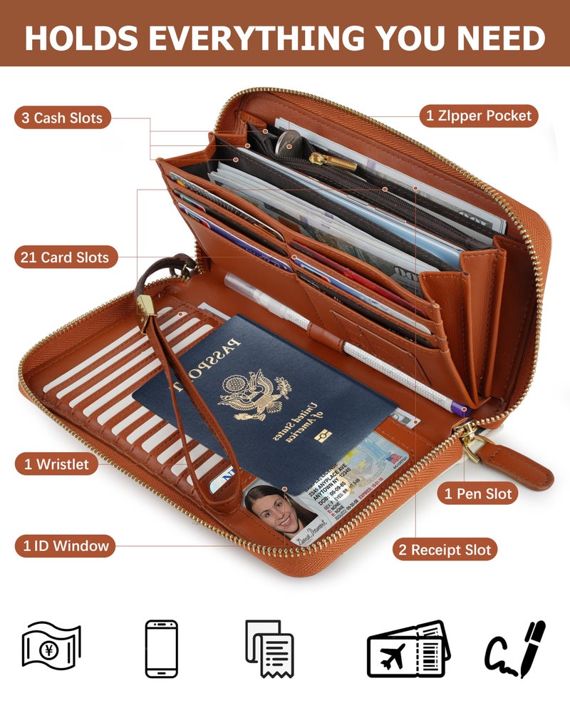 Sunpour Large Capacity Travel Wallet for Women,RFID Blocking Zipper Wallet with AirTag Slot,Passport Holder Clutch with Wristlet(Beige&Brown) - Image 4