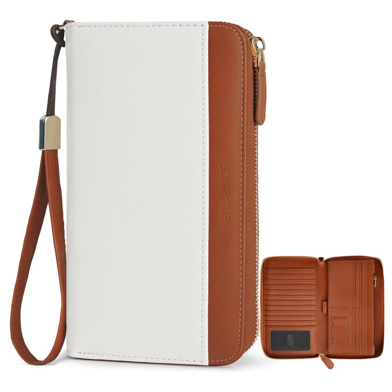 Sunpour Large Capacity Travel Wallet for Women,RFID Blocking Zipper Wallet with AirTag Slot,Passport Holder Clutch with Wristlet(Beige&Brown) - Image 1
