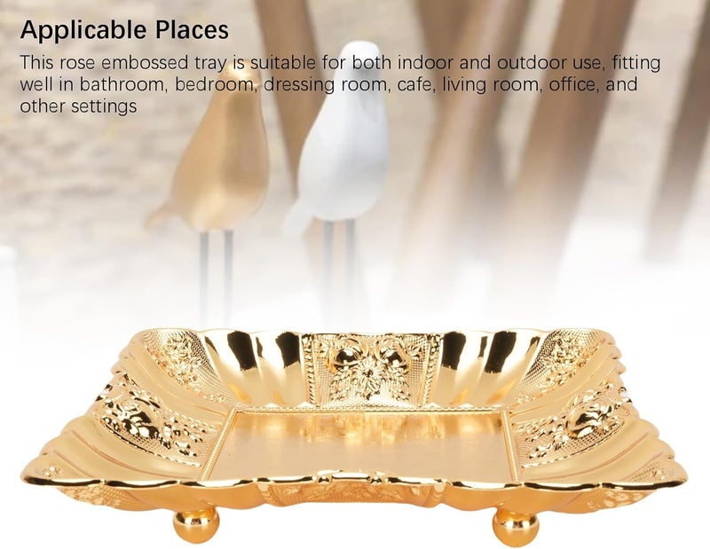 Gold Decorative Tray,Zinc Alloy Rose Embossed Plate Candle Holder with European Style Serving Platter - Image 3