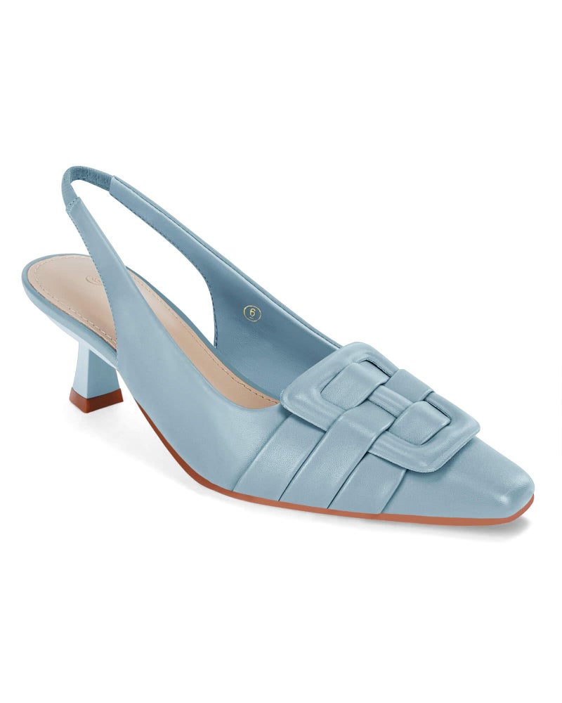 Coutgo Womens Slingback Heels Low Kitten Heel Closed Toe Dress Shoes Sexy Elegant Wedding Office Pumps Sky Blue - Image 1