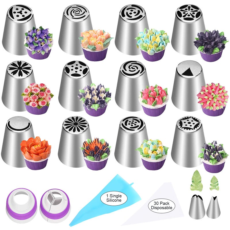 YLYL 47 Pcs Russian Piping Tips Set, 12 Flower Frosting Nozzles Icing Tips for Cake Decorating Tips Kit, Baking Supplies for Cookie Cupcake, 2 Leaf Piping Tips 2 Couplers 30 Pastry Baking Bags YLYL - Image 1