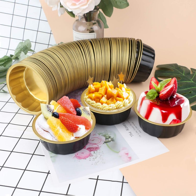 Beasea Disposable Baking Ramekins, 8 oz 100 Pack 3.9" 235ml Aluminum Foil Cups Bake Utility Ramekin Cup Souffle Cup Muffin Cupcake Baking Cup Mini Pudding Cups for Party Wedding Birthday - Black Gold - Image 5