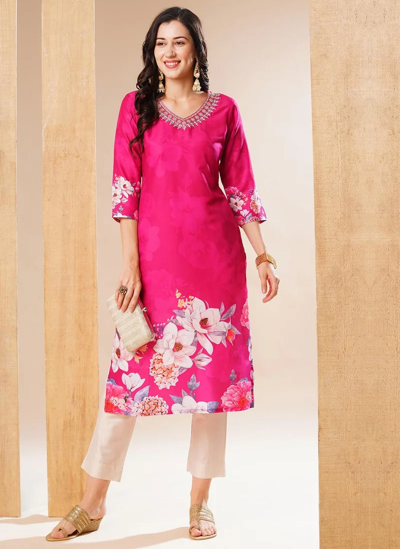 globus Globus Women Floral Embroidered V-Neck Straight Festive Kurta