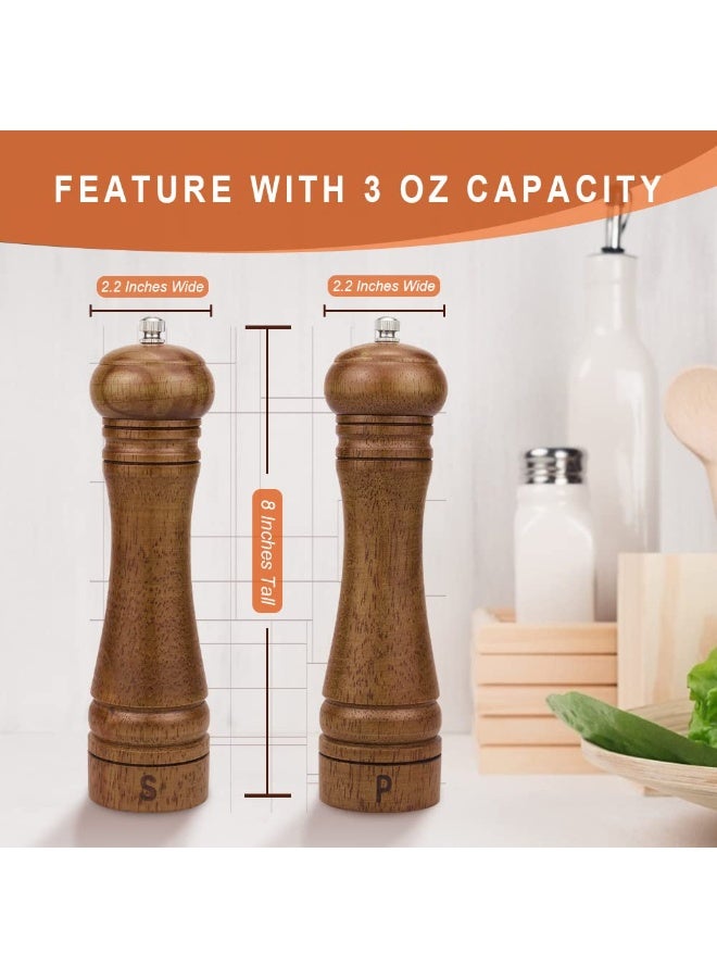 Wood Salt and Pepper Grinder Set, Salt Mill Pepper Grinder Set, Pepper Mill, Salt Shakers with Adjustable Ceramic Rotor- Oak Wood Pepper Grinder for Your Kitchen 8 inches - Pack of 2 - Image 3