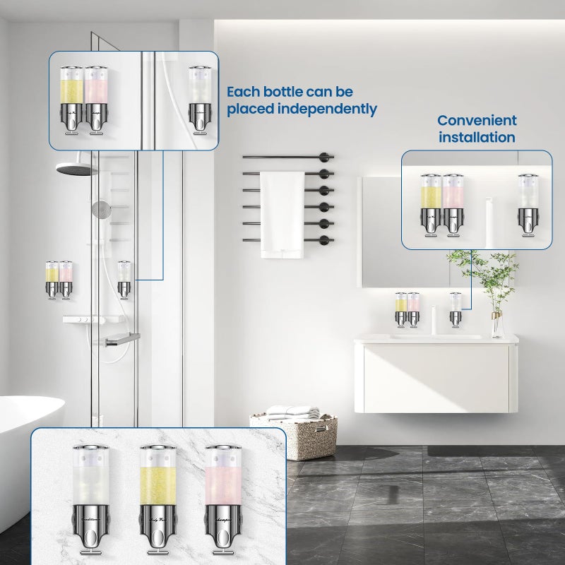 EXIN DECHEN Shampoo and Conditioner Dispenser,Dispensers for The Shower,Shower Soap Dispenser 3 Chamber No Drill,Shampoo Conditioner Body Wash Dispenser Wall Mount for Bathroom(Triple x 17.6 oz,Clear) - Image 2
