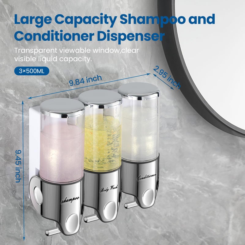 EXIN DECHEN Shampoo and Conditioner Dispenser,Dispensers for The Shower,Shower Soap Dispenser 3 Chamber No Drill,Shampoo Conditioner Body Wash Dispenser Wall Mount for Bathroom(Triple x 17.6 oz,Clear) - Image 3