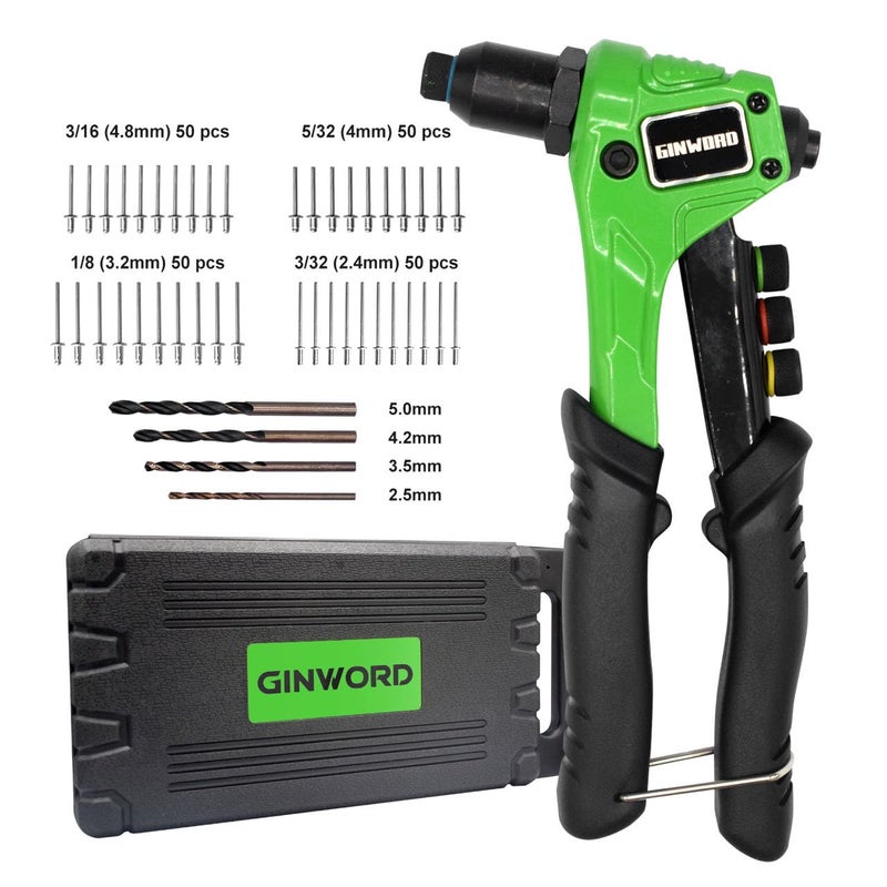 GINWORD Rivet Gun Pop Rivet GunRivet Gun Kit 200Pcs Rivets and 4 Drill Bits Heavy Duty Hand Riveter Tool Set Heavy Duty Rivet Gun for Men