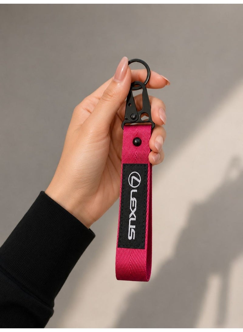 Lexus-Branded Looped Fabric Keychain in Deep Pink with Black Hardware - Image 3