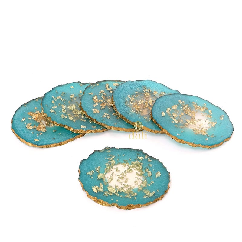 DULI Resin Multicolorpurpose Coasters and Tray Set With Golden Handle | Serving Tray for Home & Dining Table | Delicate Oval Blueflakes Design (Resintray+Coasters) - Image 5