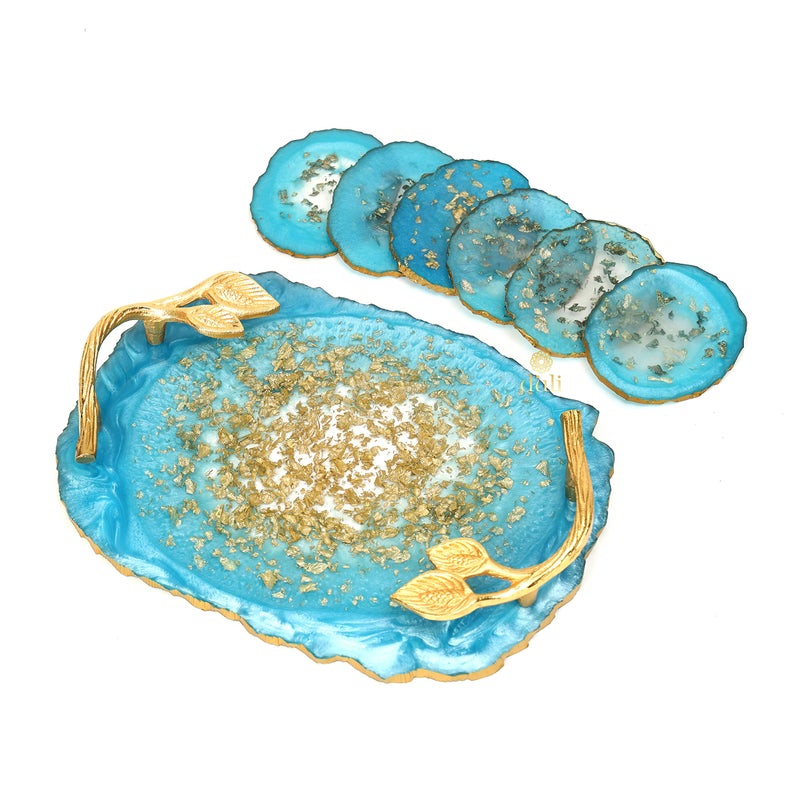 DULI Resin Multicolorpurpose Coasters and Tray Set With Golden Handle | Serving Tray for Home & Dining Table | Delicate Oval Blueflakes Design (Resintray+Coasters) - Image 2