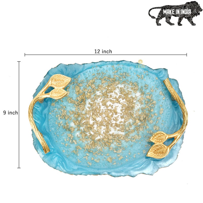 DULI Resin Multicolorpurpose Coasters and Tray Set With Golden Handle | Serving Tray for Home & Dining Table | Delicate Oval Blueflakes Design (Resintray+Coasters) - Image 4