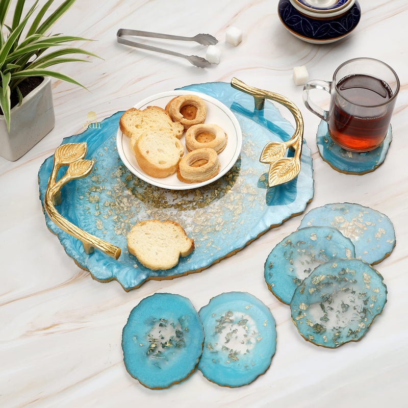 DULI Resin Multicolorpurpose Coasters and Tray Set With Golden Handle | Serving Tray for Home & Dining Table | Delicate Oval Blueflakes Design (Resintray+Coasters) - Image 1