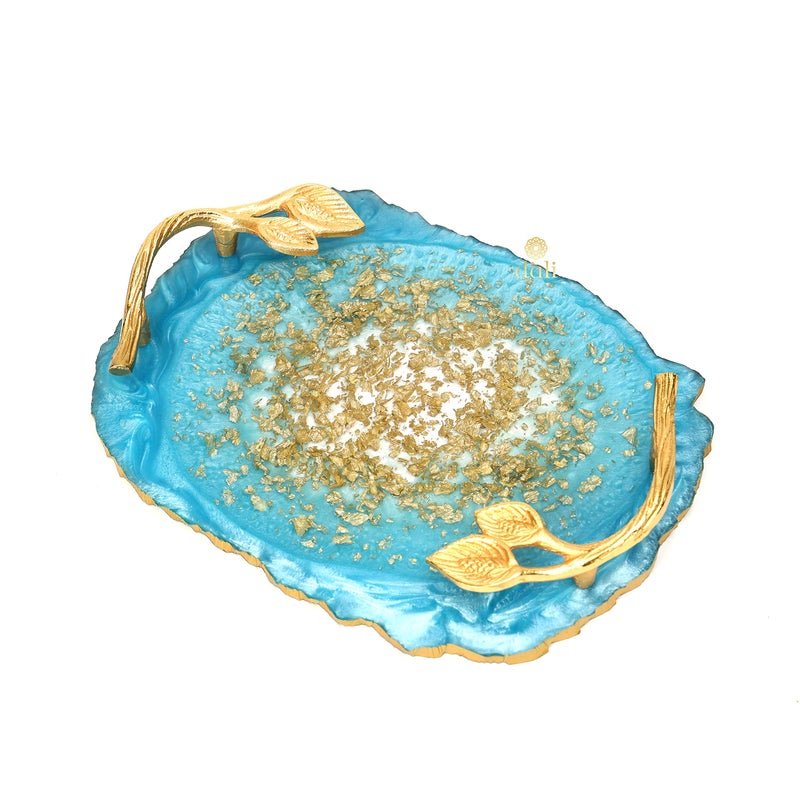 DULI Resin Multicolorpurpose Coasters and Tray Set With Golden Handle | Serving Tray for Home & Dining Table | Delicate Oval Blueflakes Design (Resintray+Coasters) - Image 3
