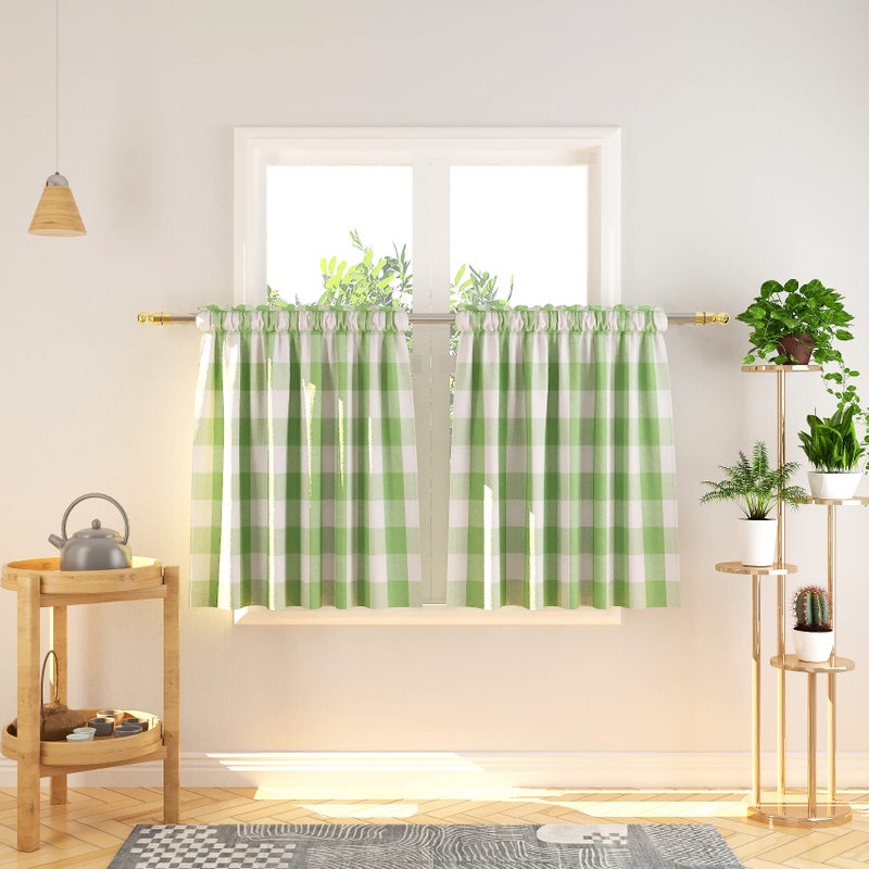 NATUS WEAVER Buffalo Tier Curtains 30 inch Length Plaid Gingham Rod Pocket Short Window Small Kitchen Cafe Curtain Bathroom Window Curtains 2 Panels Green & White - Image 1