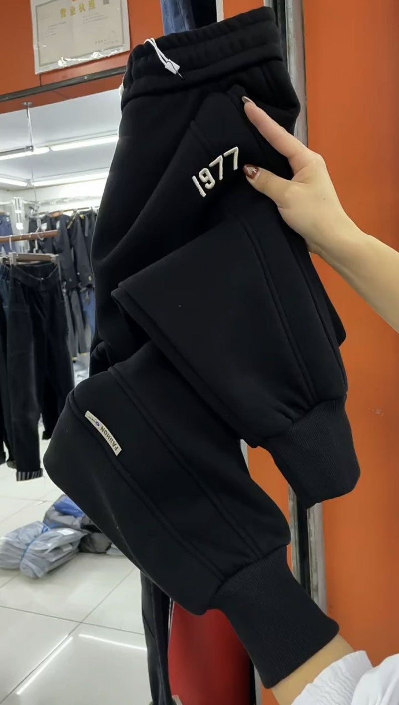 European fleece-lined Thickened Leg Leg Casual Pants for Women 2024 Autumn and Winter Loose High Waist Slimming All-match Leg Haren Pants for Women Black velvet and thickened - Image 1